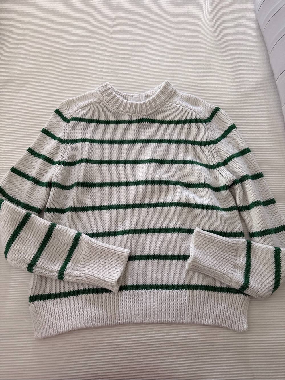 White and Green Stripe Crewneck Sweater